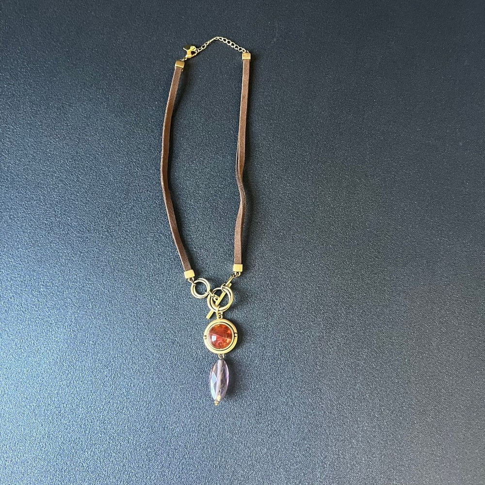 Nine West Brown Faux Leather Cord Necklace Gold Tone Purple Pendant Boho Earthy